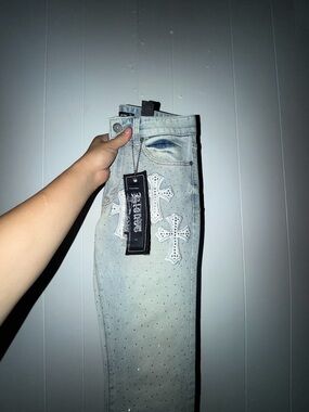 Men Light Wash Jeans White Cross embroidery